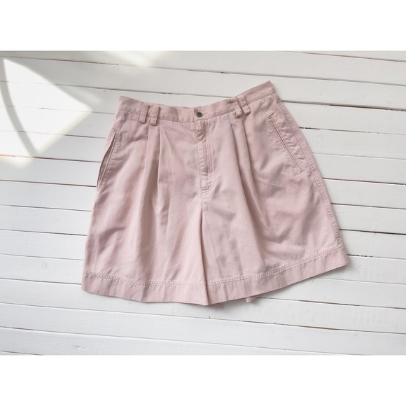 chic Pants - high waisted shorts vtgpastel pink cotton khaki pleated trouser shorts